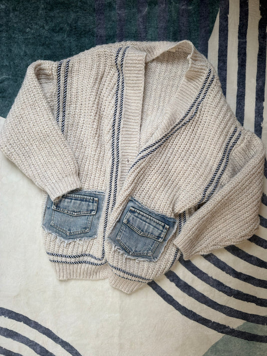 Cream and Denim Oversized Cardigan